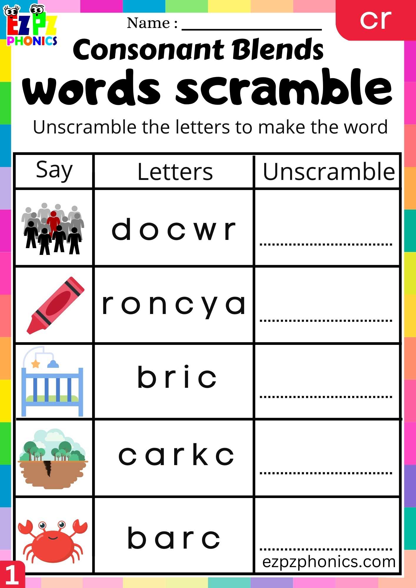 Group Cr Words Words Scramble Phonics Consonant Blends Worksheet